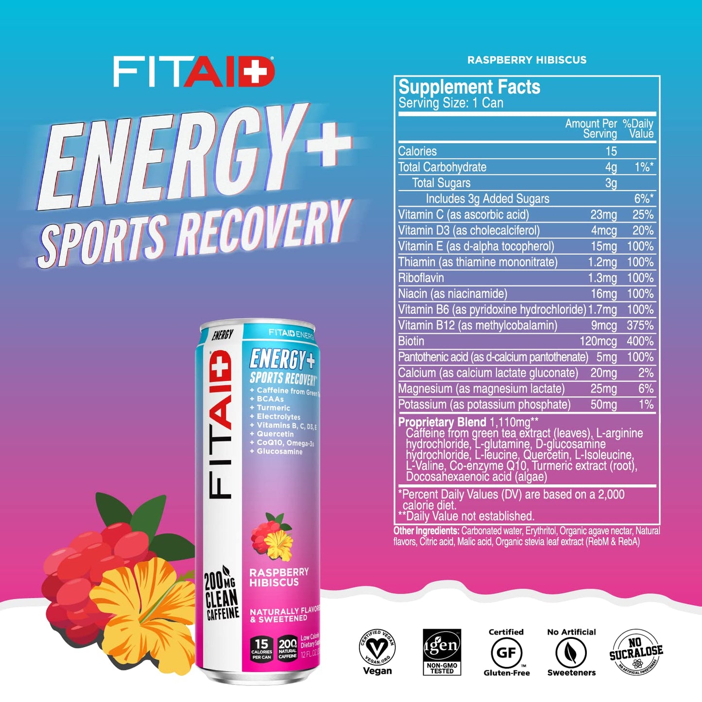 FITAID ENERGY + SPORTS RECOVERY 200mg CLEAN CAFFEINE (354ml x 12 Cans Carton)